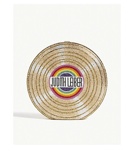 Judith Leiber Gold Vinyl Disc Crystal Covered Clutch Purse