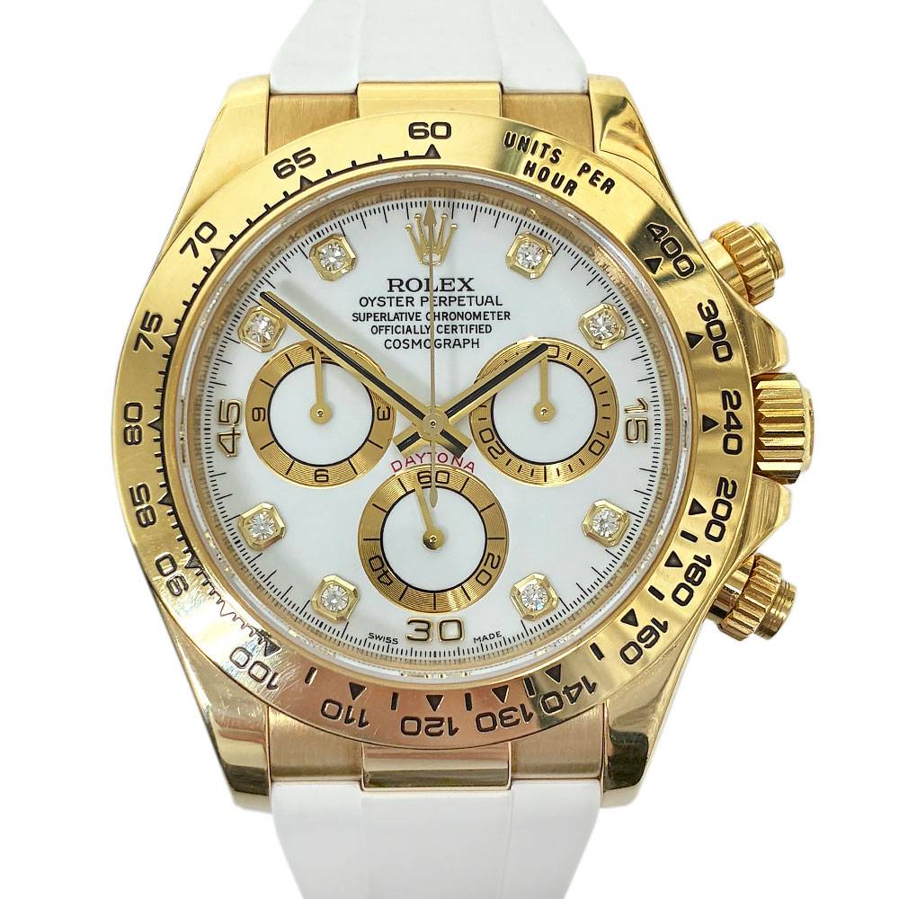 Daytona 18k Yellow Gold White Diamond Dial White Rubber Strap