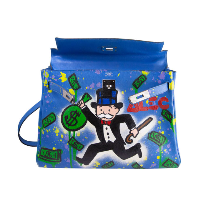 Hermes Kelly 32 Bleu Zanzibar Alec Monopoly Custom Hand Painted PHW