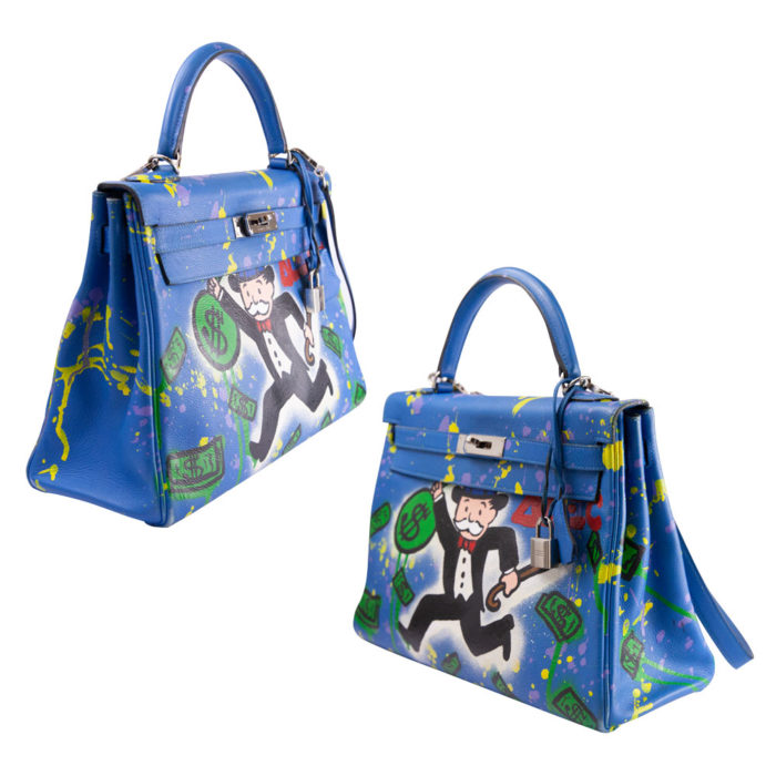 Hermes Kelly 32 Bleu Zanzibar Alec Monopoly Custom Hand Painted PHW
