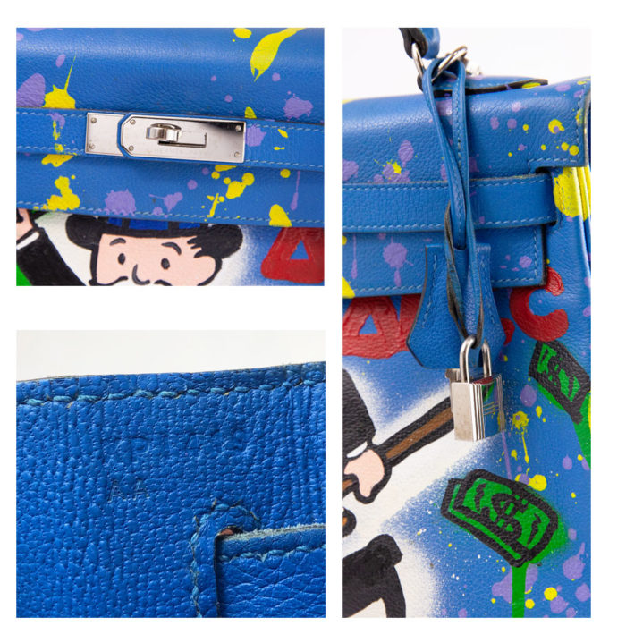 Hermes Kelly 32 Bleu Zanzibar Alec Monopoly Custom Hand Painted PHW