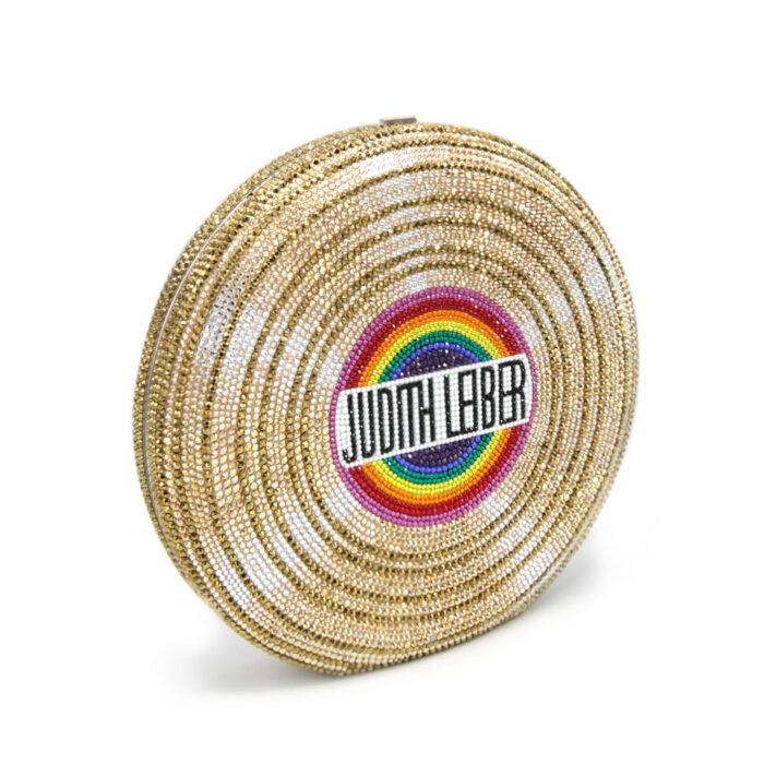 Judith Leiber Gold Vinyl Disc Crystal Covered Clutch Purse