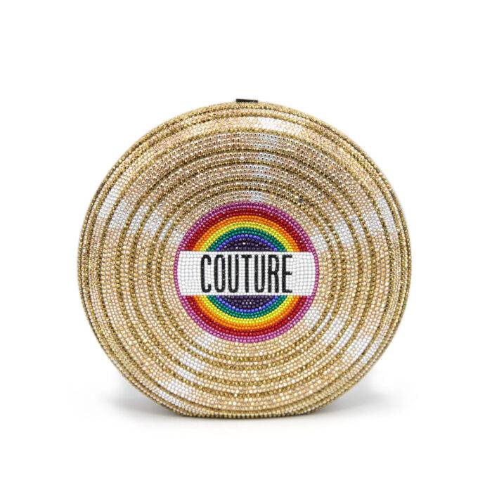 Judith Leiber Gold Vinyl Disc Crystal Covered Clutch Purse