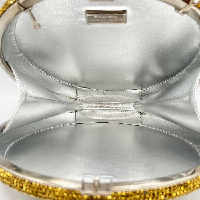 Judith Leiber Gold Vinyl Disc Crystal Covered Clutch Purse