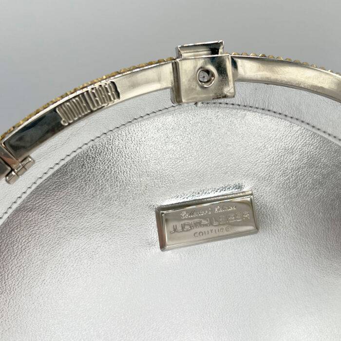 Judith Leiber Gold Vinyl Disc Crystal Covered Clutch Purse