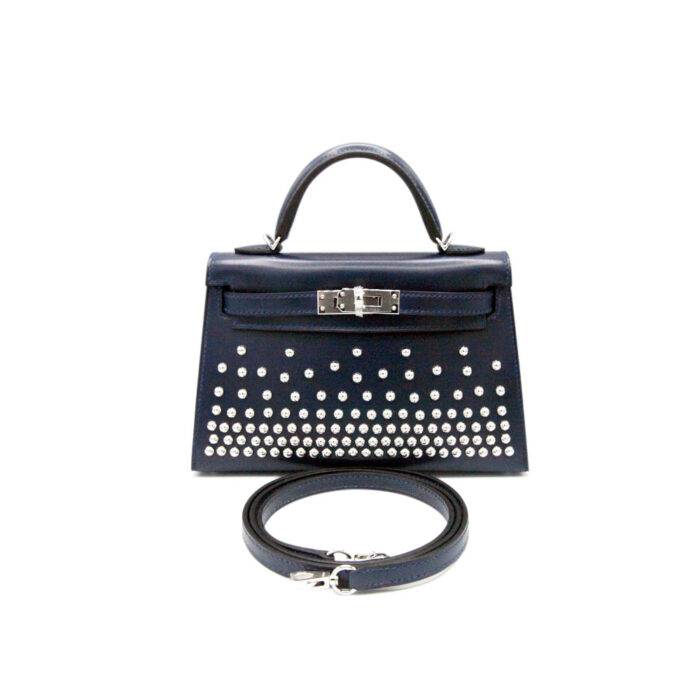 Hermes Kelly Mini II Cloute Bleu Abyss Box Calfskin Studded PHW