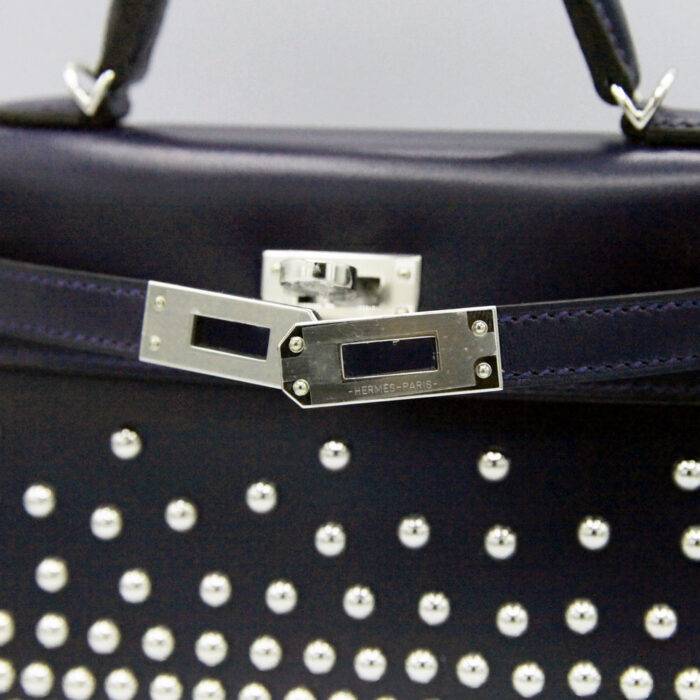 Hermes Kelly Mini II Cloute Bleu Abyss Box Calfskin Studded PHW