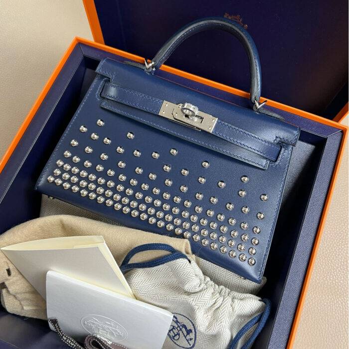 Hermes Kelly Mini II Cloute Bleu Abyss Box Calfskin Studded PHW