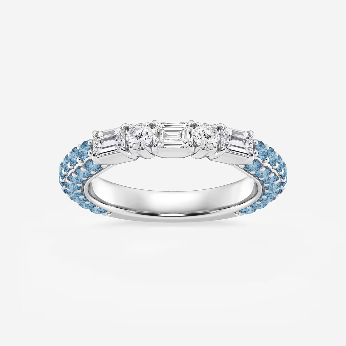 Reverb 5/8 ctw Emerald & Round Lab Grown Diamond Rollover Band with 1.8 mm Blue Topaz Side Stones